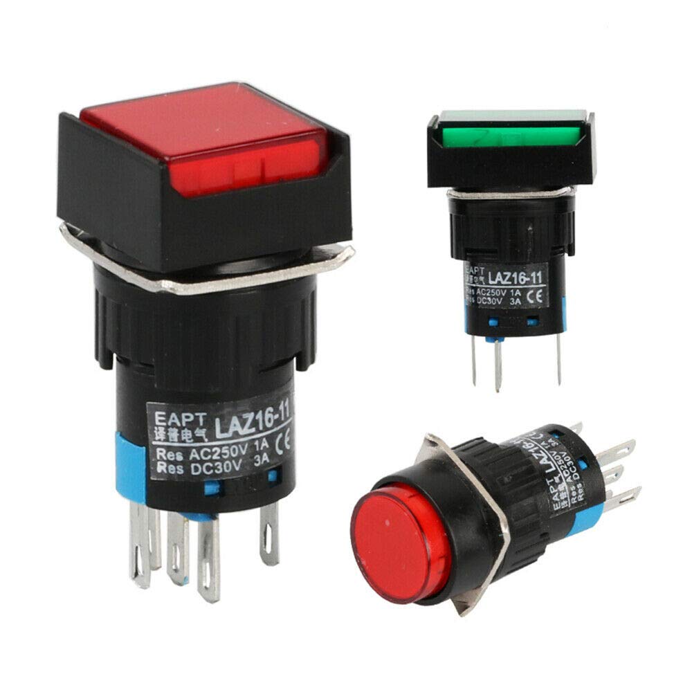 Momentary Push Button Switch, 5 Pins Mini Momentary Switch for 16mm Diameter Mounting Hole (DC 12V - Red, 5Pcs) - Image 3