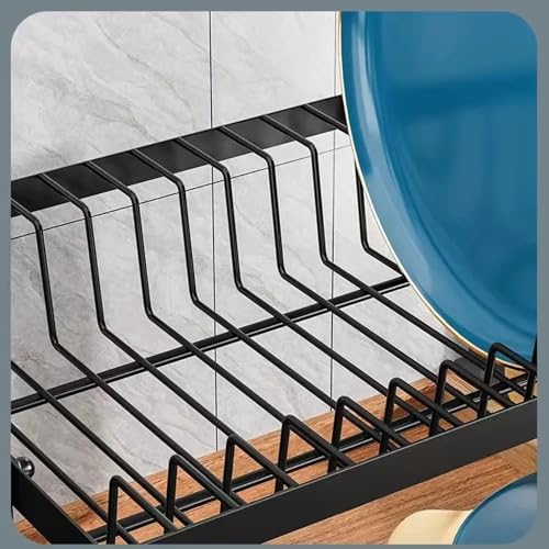 MY HOMIE Double Layer Kitchen Dish Rack, 42x31x33 cm 2 Tier Multifunctional Iron Dish Drying Rack with Drainboard and Utensil Holder Rustproof SpaceSaving Dish Drainer for Kitchen Countertop - Black - Image 6