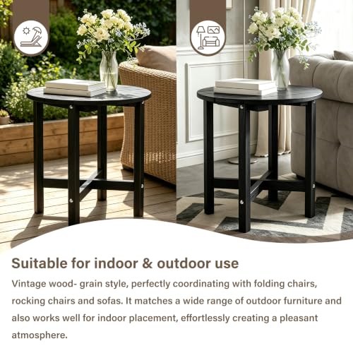 Image of Outdoor Side Table - Round All-Weather HDPE End Table with Realistic Wood Grain, Heavy Duty Composite for Patio & Garden (Navy Blue)