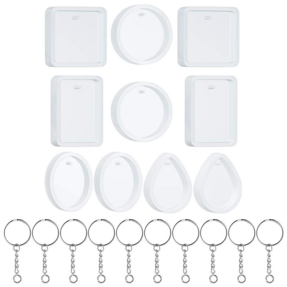 seimeinoki シリコンモールド 穴あきタイプ 10個セット ソフトモールド キーホルダー10個付き 丸形 方形 水滴型 uvレジン 手作りキット DIYキーホルダーチャーム素材 かわいい ペンダント ピアス アクセサリー パーツ 再利用可能