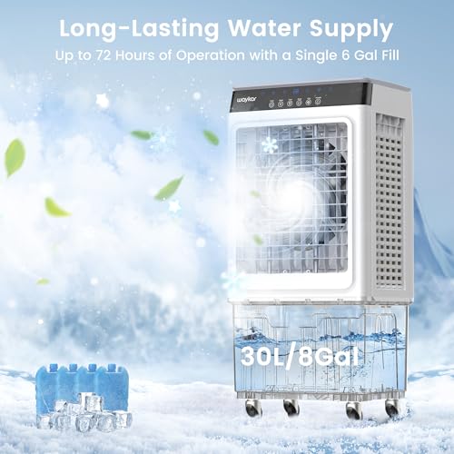 Waykar Swamp Cooler, 4800 CFM Evaporative Air Cooler with 8 Gals Water Tank, 1200 Sq.Ft. Portable Air Conditioner with 4 Ice Pack, 120°/60°Oscillation, 3 Models for Garage, Yard - Thumbnail 5