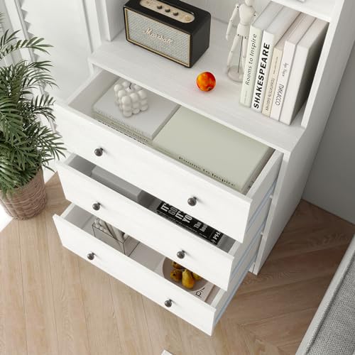 TUSY 71\" Bookshelf Bookcase, 3-Tier Modern Bookshelves 3 Large Drawer, Wood Filing Cabinet with Open Storage Shelf, Glass Doors 5-Tier Fixed Storage Shelves for Home Office