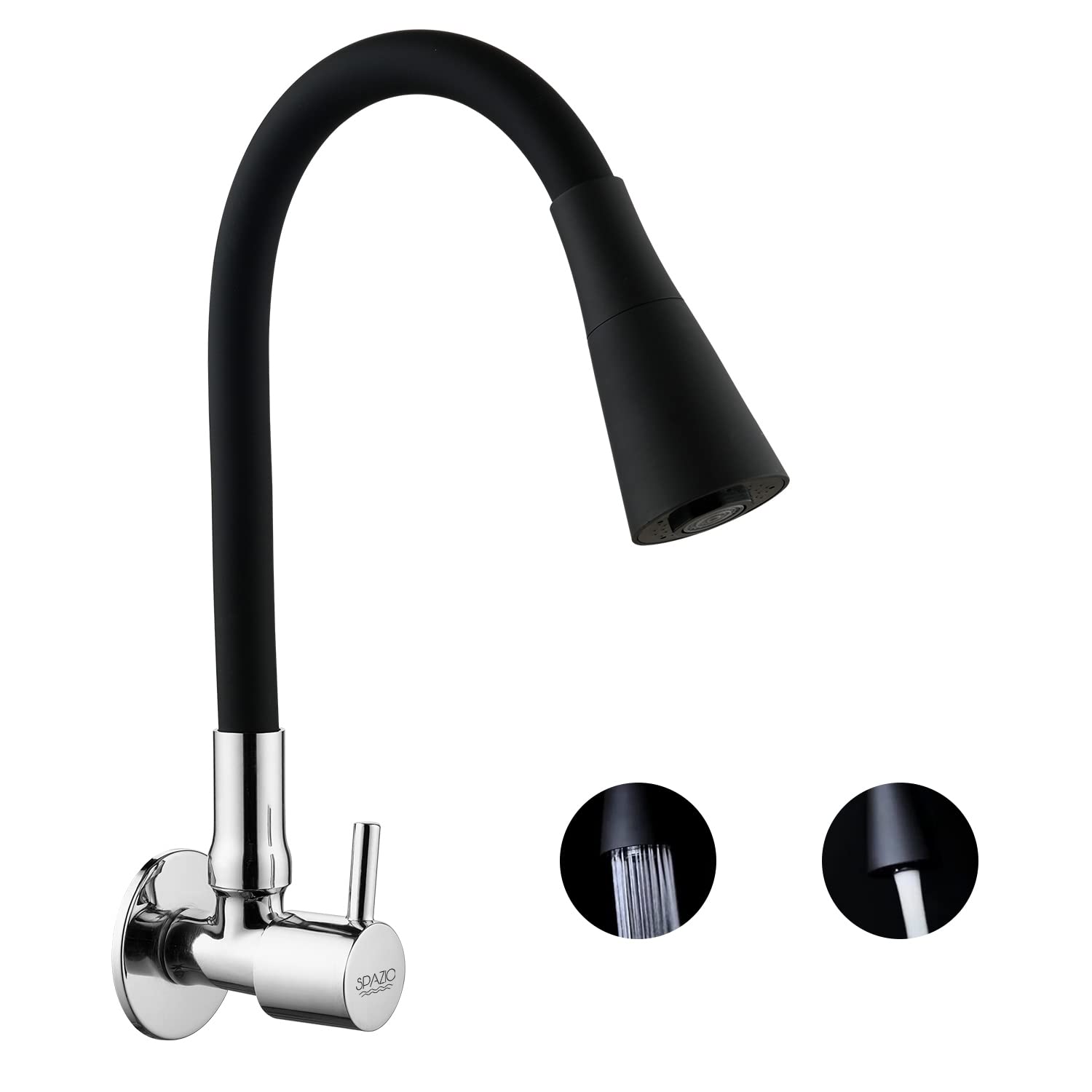SPAZIO Turbo Brass Sink Cock Tap/Sink Faucet with Black 360 Degree Flexible Silicon Swivel Spout & Dual Flow Pattern, Hot/Cold Water for Kitchen Sink, Wash Basin, Chrome Finish with Wall Flange-image-44