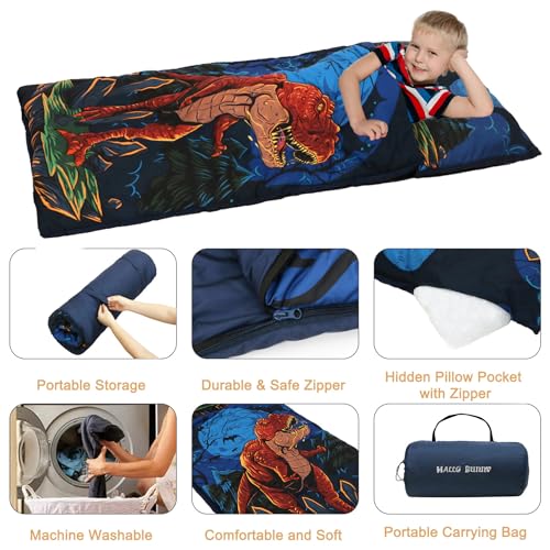 Image of Kids Sleeping Bag - 61 inch Extra-Long Slumber Bag with Detachable Pillow - All Seasons for Older Children & Girls - Large Portable Indoor Bedding for Home, Travel & Naps