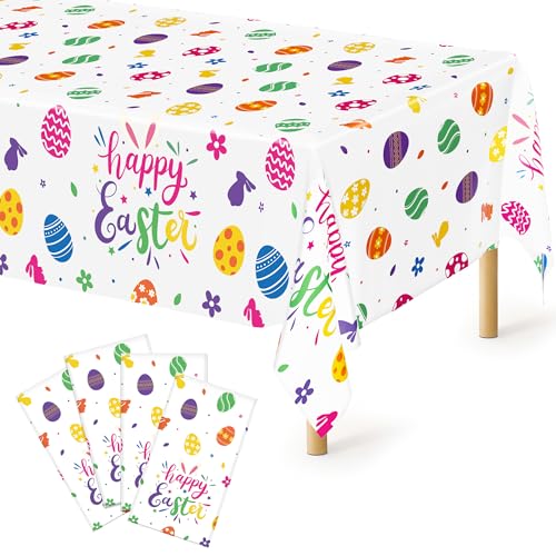 Image of 4 Pack Disposable Easter Tablecloth, 54 x 108 Inch Rectangular Easter Table Cloth, Spring Table Cloth with Colorful Eggs Floral Design, Happy Easter Tablecloths for Easter Decorations Holiday Decor