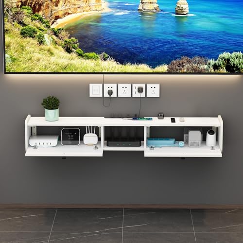 Étagère murale TV flottante blanche 100cm, meuble décodeur peu encombrant pour salon