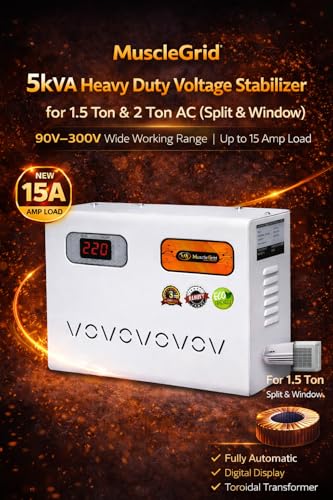 Image of 5kVA Heavy Duty Voltage Stabilizer for 1.5 & 2 Ton AC (Split & Window) | 90V-300V Wide Working Range | Up to 15A Load | Digital Display