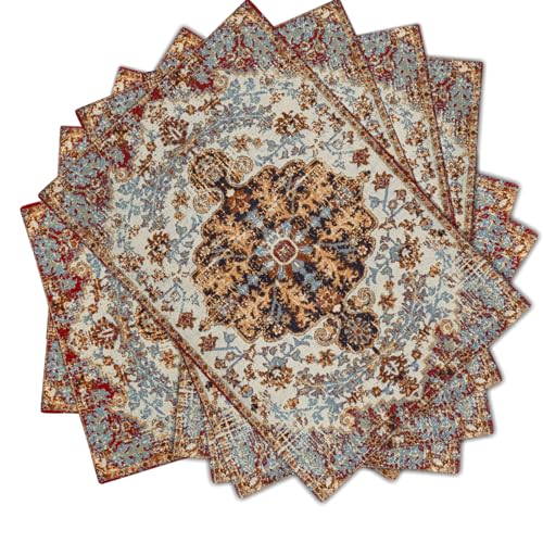 Image of Ethnic Boho Placemats Set of 6 Southwest Brown Blue Carpet Woven Texture Linen Washable Kitchen Dining Table Mats Stain Heat-Resistant Desktop Decor Place Mats for Home Party Indoor 12x18 in