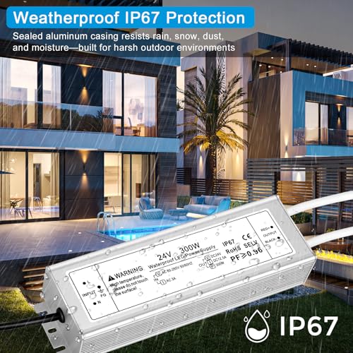 Image of 24V 300W LED Power Supply, IP67 Waterproof LED Driver, AC 110V to DC 24 Volt 12.5A Low Voltage Transformer Converter for Outdoor LED Strip & Landscape Lighting, 3-Prong Plug with 3.3FT Cable