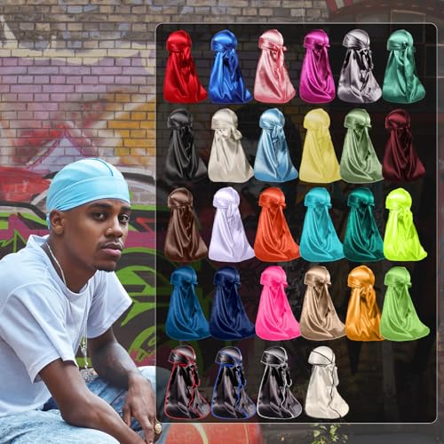 ForceWave Pacote de 2 peças sedosas Durag para homens e mulheres, cetim premium Deluxe Du-rag, Preto