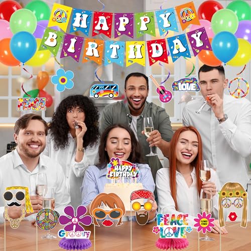 Image of Crenics 60s Theme Party Decorations - Retro Groovy Backdrop, Banner, Hanging Swirls, Centerpieces, Photo Props, Balloons and Cake Topper for 1960s Hippie Birthday Party Supplies