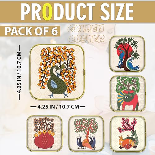 Image of Rousrie Stylist Modern Wooden Coasters with Golden Border | Set of 6 | Stand Included Premium Handmade Coaster for Tea Cups, Coffee Mugs, Beer Mugs, 10 by 10 cm (Warli Pattern)