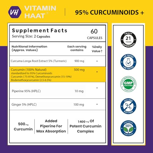 Image of Curcumin with Piperine & 95% Curcuminoids | Anti Inflammatory Supplement for Adults | With Curcuma Longa [ Turmeric ] & Ginger 1510mg | 100% Natural Curcuminoids - 60 Caps (Pack of 2) by VitaminHaat