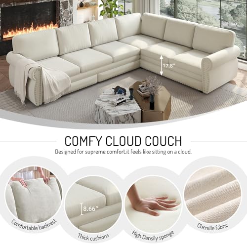 Image of KEIKI 118 inch Chesterfield Sleeper Sofa, Chenille Sectional Couch, Beige | L Shaped, Pull Out Bed Design, Nailhead Trim Detail, Rolled Armrest, 6 Seat Seating, Living Room Guest Room Use