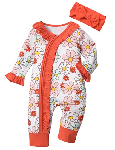 Image of Von kilizo Baby Girl Clothes Infant Newborn Onesie Clothes for Baby Girls Long Sleeve Zip Closure Outfit with Headband