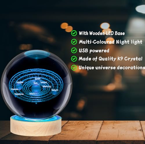 Image of Large 3D Solar System Crystal Ball Night Light for Kids with Colorful LED Light Base,Astronomy Decor and Gift for Kids, Christmas Classmates Birthday (Multicolor Solar System)