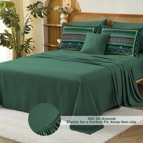 Image of Green Boho Comforter Set Full Size,8 Pieces Striped Bed in a Bag