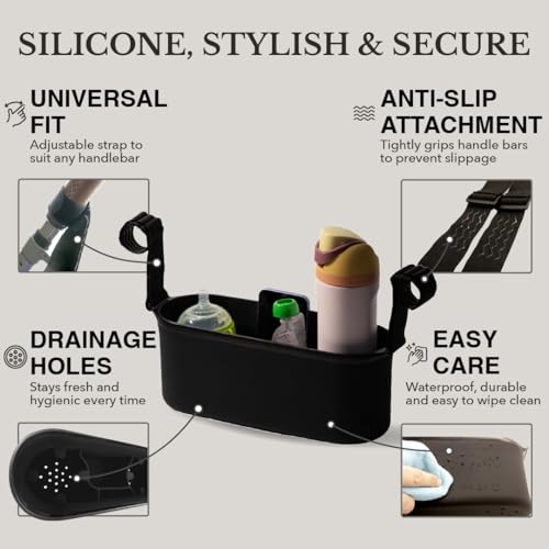 Image of Silicone Stroller Organizer with Cup Holders, Waterproof & Easy-Clean, BPA-Free Caddy with Phone Holder & Storage, Universal Anti-Slip Straps Fit UPPAbaby, Bugaboo, Nuna, Doona & Most Strollers