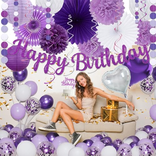 Image of Purple Birthday Decorations for Women Girls,Happy Banner,Lilac Paper Lanterns Tissue Pom Poms Flower Fan,Purple White Balloon Decor For 40th 50th Anniversary Princess Backdrop Party Supplies