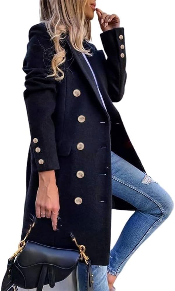 Donna Autunno Inverno Cappotti di Lana Doppio Petto Midi Peacoat Trench Cappotti