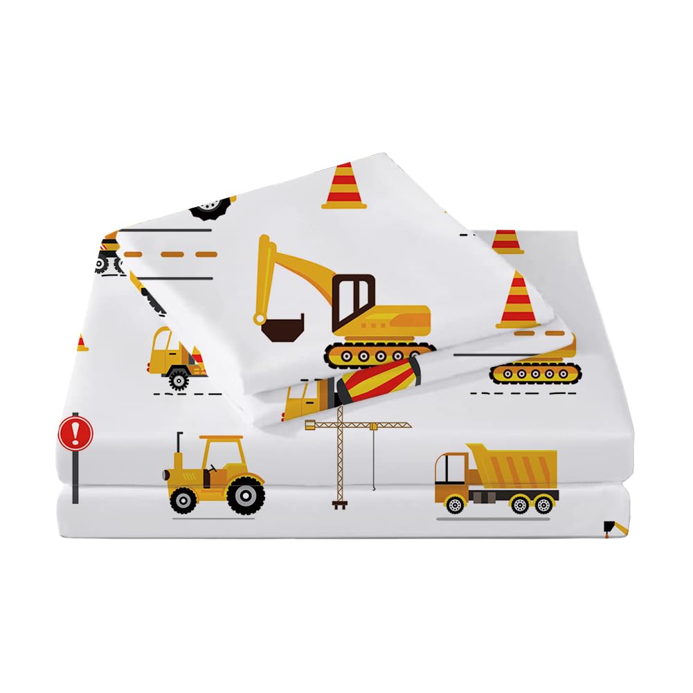 ROLJZTY Bed Sheets for Kids Boys, Soft Microfiber Twin Sheets Set 3 Piece Deep Pocket Bed Sheet Set, Breathable Sheet Sets Twin Size Bed Excavator Vehicles Printed