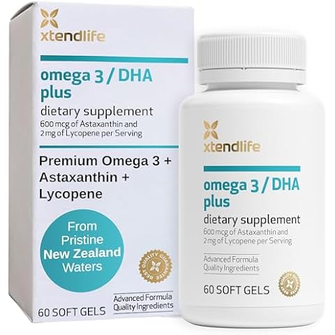 Xtendlife, Omega 3 DHA Plus, Full Spectrum Fish Oil with 700mg of DHA + Lycopene and Astaxanthin to Support Brain, Heart, Eye and Skin, 60 Soft Gels Cover