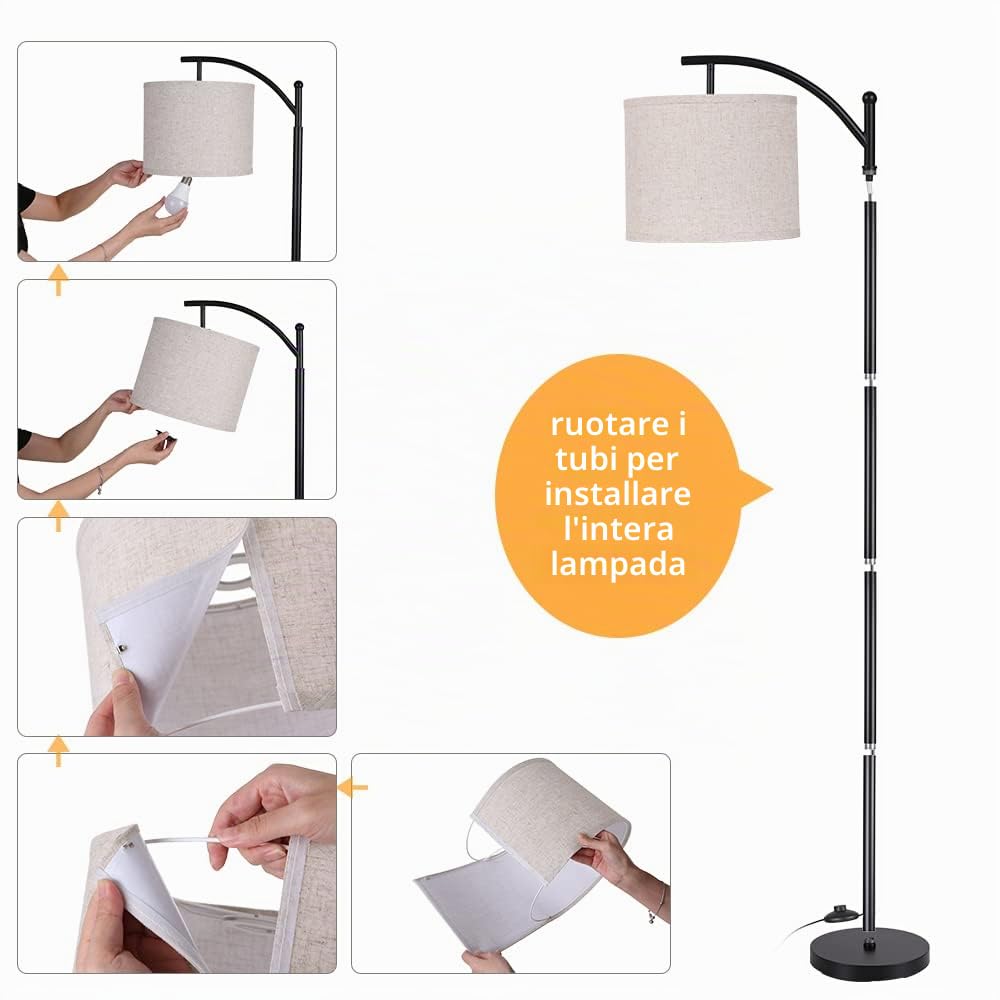 Lampada da Terra Salotto 1.6M, Lampada da Terra ad Arco 720LM 3000K Bianco Caldo, Piantana LED con una Lampadina LED da 9W(E27), Paralume in Lino Beige, Base in Ferro, per Camera da Letto, Soggiorno
