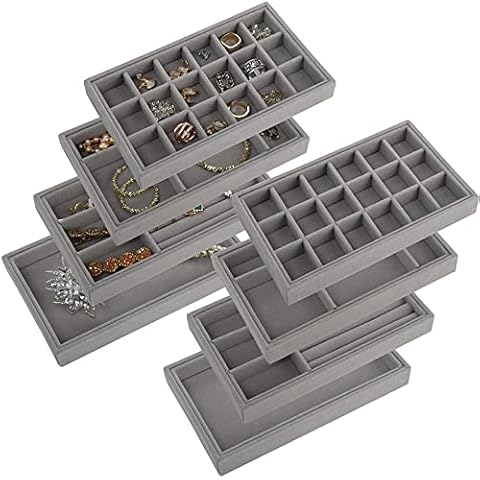 Yarlung 8 Pack Velvet Jewelry Trays Organizer, Stackable Jewelry Display Case Drawer Inserts Tray, Necklace Storage Holder for Earring, Ring, Bracelet, Brooch, Watch, Multi-slot Design, 21x12.7x2.5cm Cover