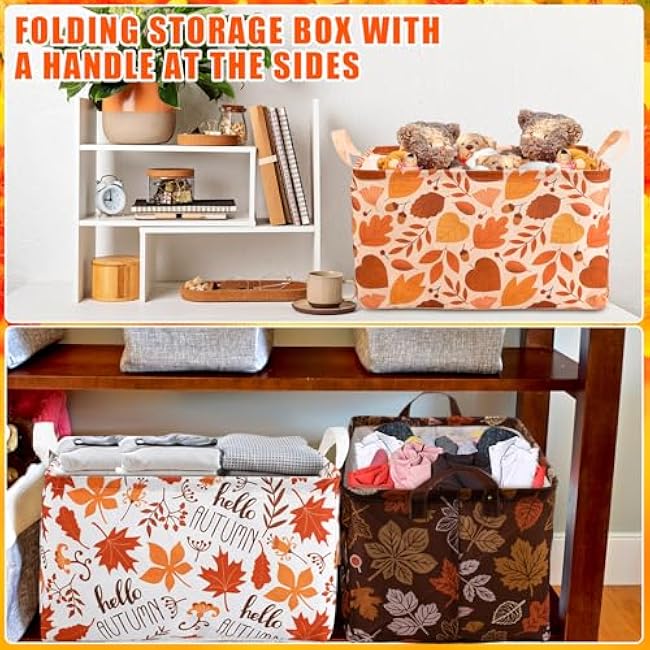 Geelin 3 Pcs Fall Storage Baskets for Gifts, Collapsible Waterproof Canvas Harvest Autumn Maple Leaf Storage Bin Organizer with Handles for Book Closet Shelf Nursery Thanksgiving Day Halloween Decor