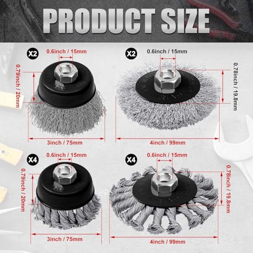 Image of Tioncy 12 Pack Wire Wheel for Angle Grinder, for 4-1 /2 inch Angle Grinder with 5 /8 inch-11 Arbor, Heavy Duty Carbon Brushes for Rust Removal Heavy Cleaning Polishing(Black,Wire Wheel Cup Brush Set)