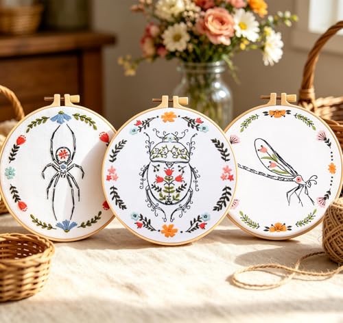Image of Armindou Hand Embroidery Kits for Beginners Adults, Insect Flowers Embroidery Set Needlepoint Kits, Spider Stamped Cross Stitch Kits for Beginners Adults, 3 Embroidery Hoops (Attached Video Tutorial)