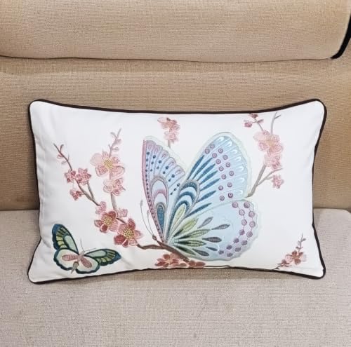 Image of ZUODUTEX Embroidery 3D Blue Butterfly Cushion Cover, Cream, 30 x 50 Cm