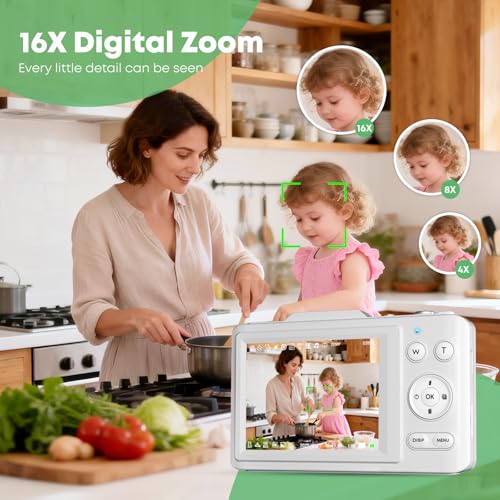Image of Digital Camera, Autofocus 4K Point and Shoot Digital Cameras with 16X Zoom Anti Shake, 48 MP Cameras for Photography with 64GB Card, Compact Portable Small Camera for Kids Girls Boys Beginners, White