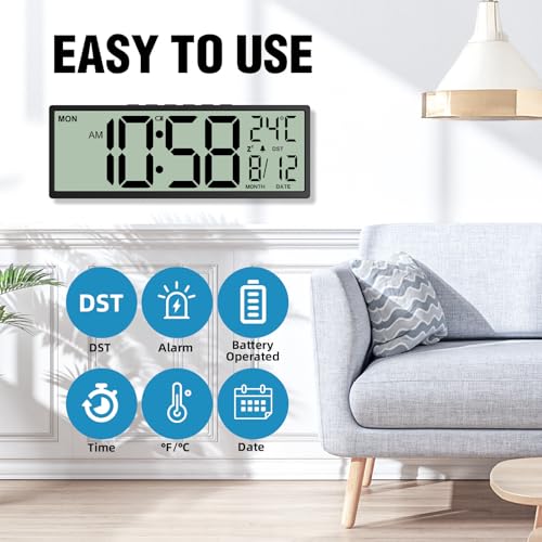Image of XREXS 14.5 inch Digital Wall Clock Battery Operated with Big Digits LCD Screen Display, Large Display Timer with Temperature Date Week Auto DST, Alarm Clock for Classroom, Livingroom, Office