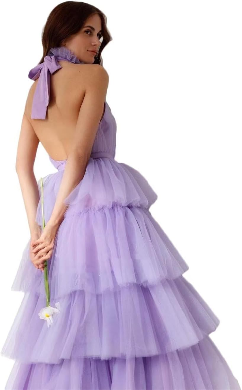 Dydsz Women's Halter Tiered Tulle Prom Dresses Long Evening Party Dress Homecoming Gown Tea Length