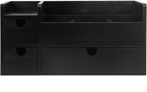 Vintage Black Wooden Desktop Organizer Removable Drawers Office Supplies Wood Storage Cabinet Caddy Box Stationery Pencil Slots Mail Holder Note Pads Accessories Home Makeup Tools Cosmetics