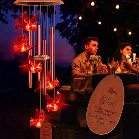 Solar Cardinal Wind Chimes Outdoor Solar Lights Cardinal Red Bird Solar Windchimes Waterproof Hanging Decorations Gifts for Women Garden Patio Birthday Thanksgiving Party Cover