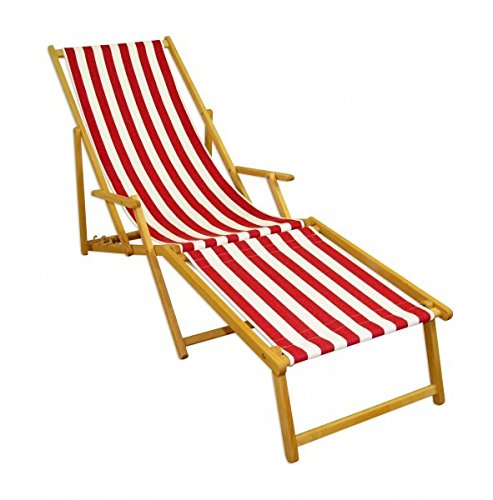 Erst-Holz Liegestuhl rot-weiß Strandliege Sonnenliege Relaxliege Deckchair Buche hell Fußteil 10-314 N F
