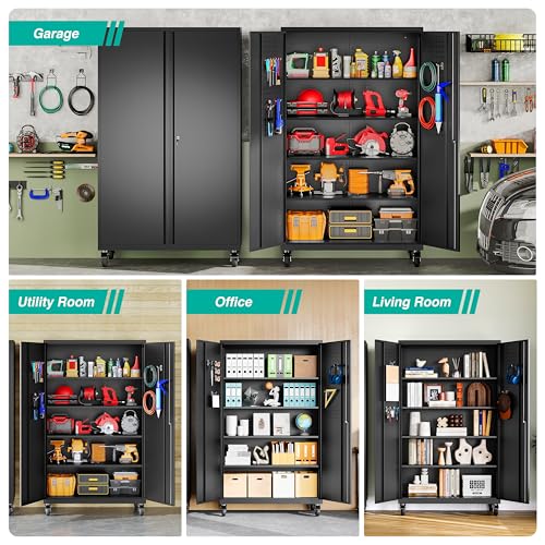 Image of SISESOL Wide & Deep Metal Storage Cabinet with Wheels,Tall Rolling Garage Storage Cabinet with Lock,Black Metal Cabinets with Pegboards and Shelves,Tool Locker for Garage,Home,Office,43''Wx 20''Dx71 inchH