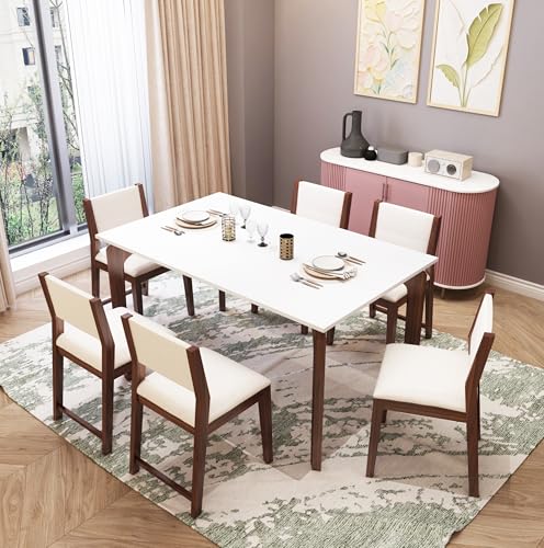 Image of MURALICRAFT Sheesham Wood 57 inch Dining Table 6 Seater | Marble Finish Six Seater Dinning Table Set with 6 Upholstered Dining Chairs | Table Top: Premium HDMR Wood | Chair: Curved Design | White & Walnut