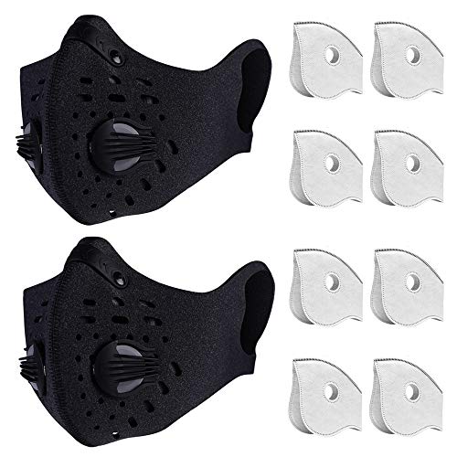 Dust Mask Anti Pollution PM2.5 Dustproof Masks Washable and Reusable with 8 Carbon Filters for Pollen Allergy Woodworking Mowing Running Outdoor Activities, 2 Packs (Black)
