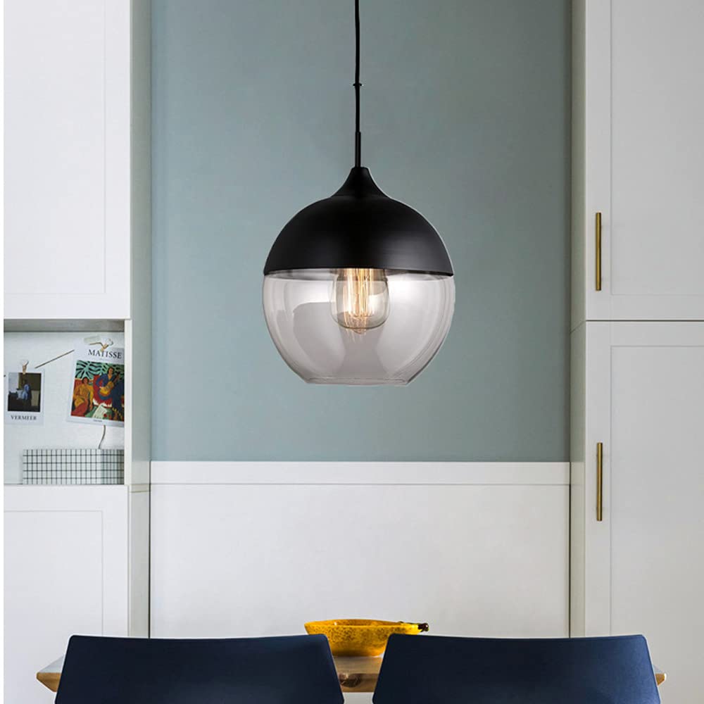 Vintage Pendant Lighting,Industrial Ceiling Lamp, Black Metal Farmhouse Pendant Light with Clear Glass Lamp Shade for Kitchen, Dining Room, Hallway, E27 Base (Bulbs not Included) (D)