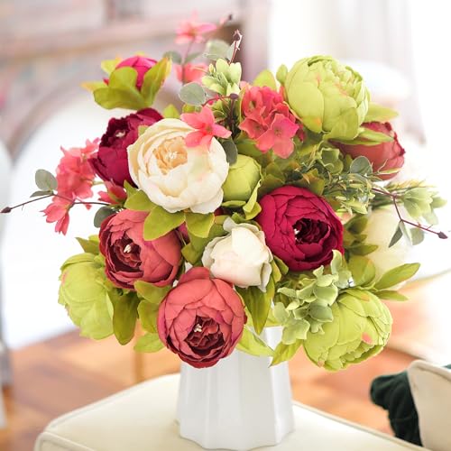 Image of FiveSeasonStuff Country Barn Red Peony Bouquets, 2 Bundles Artificial Silk Flowers with Hydrangeas for Wedding Centerpieces & Home Decor
