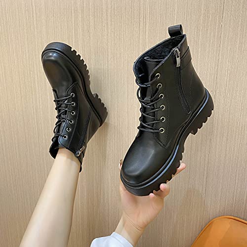 Womens Ankle Boots, Round Toe Mid Calf Boots for Women, Black Lace-up Military Combat Boots Mid-Calf Military Winter Boot for Women, Zipper Motorcycle Boots Punk Ankle Booties (Black, 6)