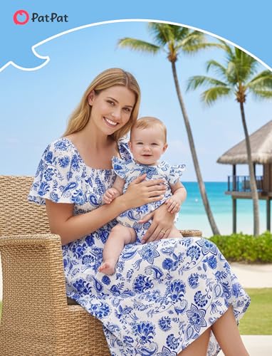 Image of PATPAT Family Matching Outfits Mommy and Me Dresses Floral Dress & T-Shirts | Mommy and Me Easter Dresses, Puff Sleeve Floral Sundress, Cotton Blend T-shirts, Couples Party Wedding Vacation Outfits