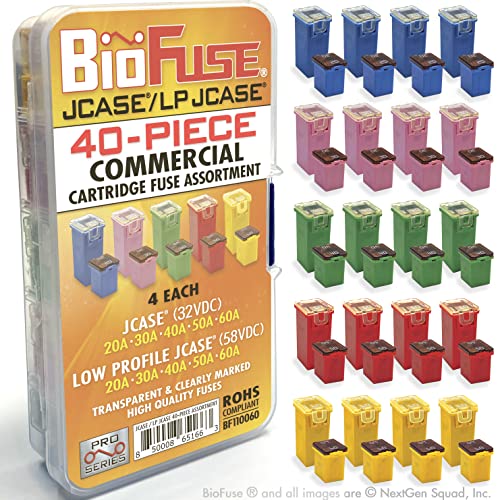 BioFuse JCASE & LP (Low Profile) JCASE 40-Piece Commercial Cartridge Fuse Assortment 20A 30A 40A 50A 60A (4 Each). Fits Most: Nissan Toyota Chrysler Dodge Chevy GM and Ford