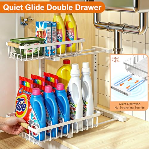 Image of REALINN Under Sink Organizer, White 2 Pack Height Adjustable | 2 Tier Pull Out Drawer, Under Sink Organizers and Storage, Cabinet Storage for Kitchen Bathroom