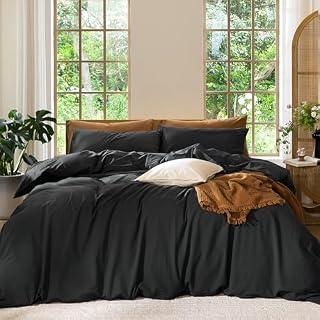 MOOMEE Bettwäsche-Set, 100% Gewaschene Baumwolle, Leinenähnlich, strukturiert, atmungsaktiv, langlebig, weich, bequem (Schwarz, Queensize)