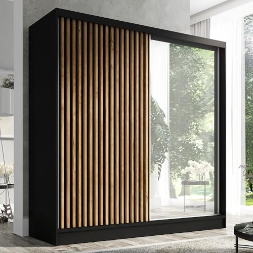 A&J MöbelLand Schwebetürenschrank LINA Kleiderschrank 200 cm mit Spiegel, 3 Schubladen & 3D-Lamellen (Schwarz) A&J MöbelLand Schwebetürenschrank LINA Kleiderschrank 200 cm mit Spiegel, 3 Schubladen & 3D-Lamellen (Schwarz)