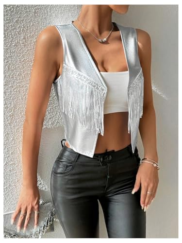 SHENHE Women's Metallic Sequin Fringe Vest Open Front Sleeveless Crop Jacket Rave Clubwear3